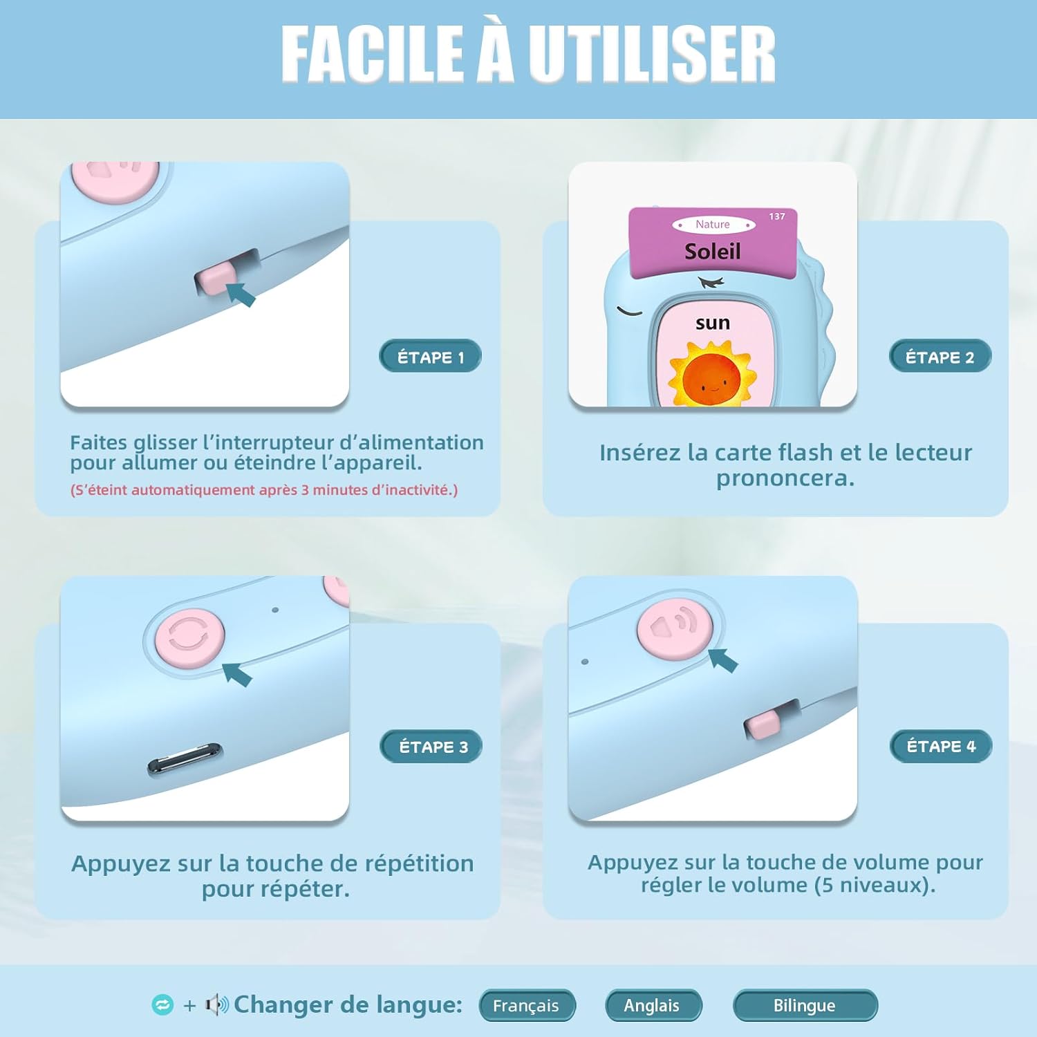 Thumbnail 2 de Cartes Flash Parlantes Montessori pour Enfants 2+ Ans – 112 Cartes, 224 Mots, Français/Anglais/Bilingue (Bleu)