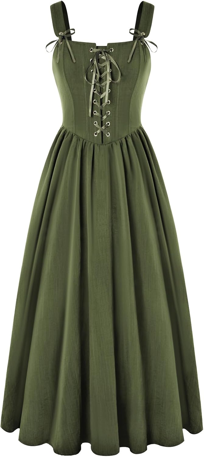 Detalle de SCARLET DARKNESS Damen Renaissance Korsett Kleid – Ärmellos mit Schnürung, Mittelalter-Gothic Maxi-Kleid