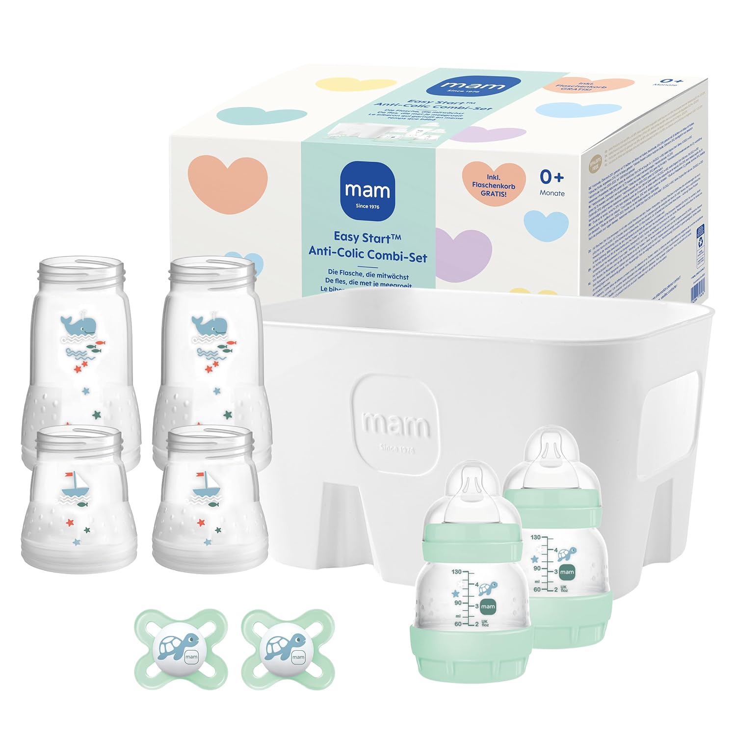 Detalle de MAM Easy Start Anti-Colic Combi-Set 0+ Monate – Mint: 6 Flaschen, Schnuller & Flaschenkorb