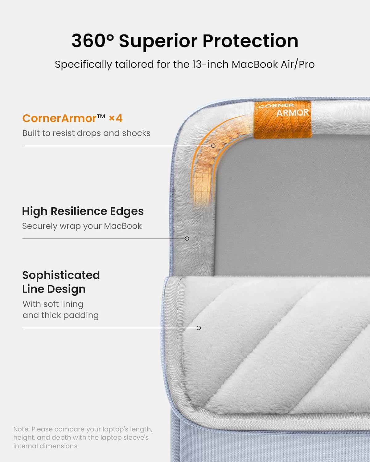 Detalle de tomtoc A13C2B3 360° Laptop Sleeve, Water-Resistant with CornerArmor Protection