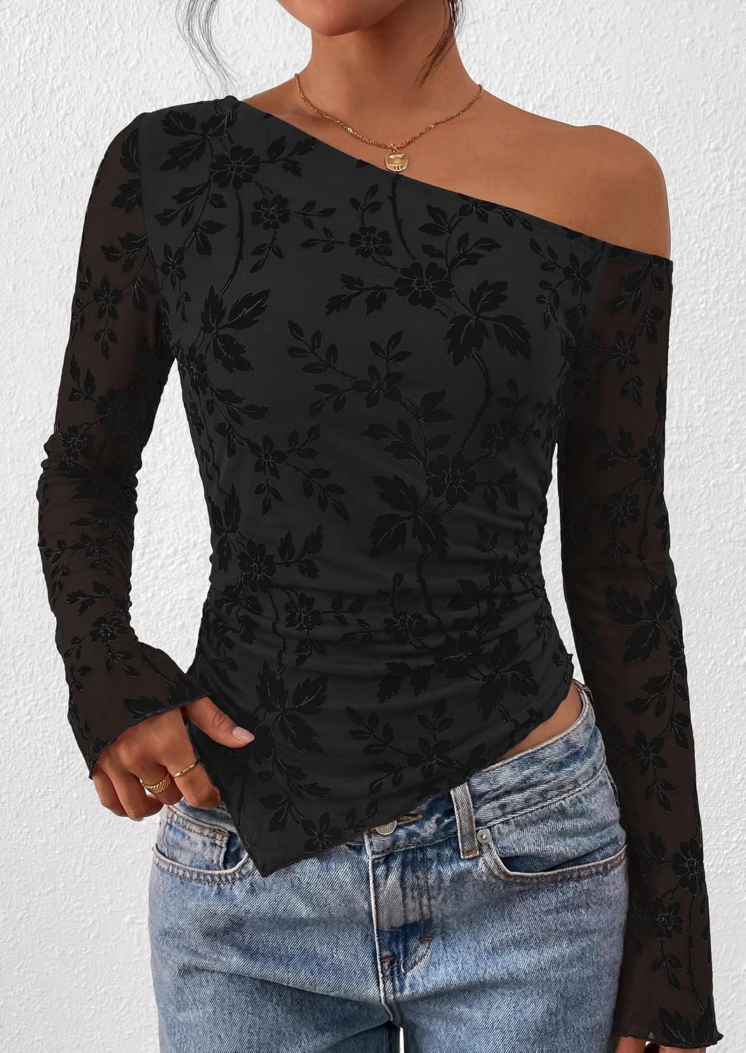 Thumbnail 6 de PRETTYGARDEN Off-Shoulder Mesh Top, Long Sleeves, Floral Tie-Dye, Asymmetrical Hem