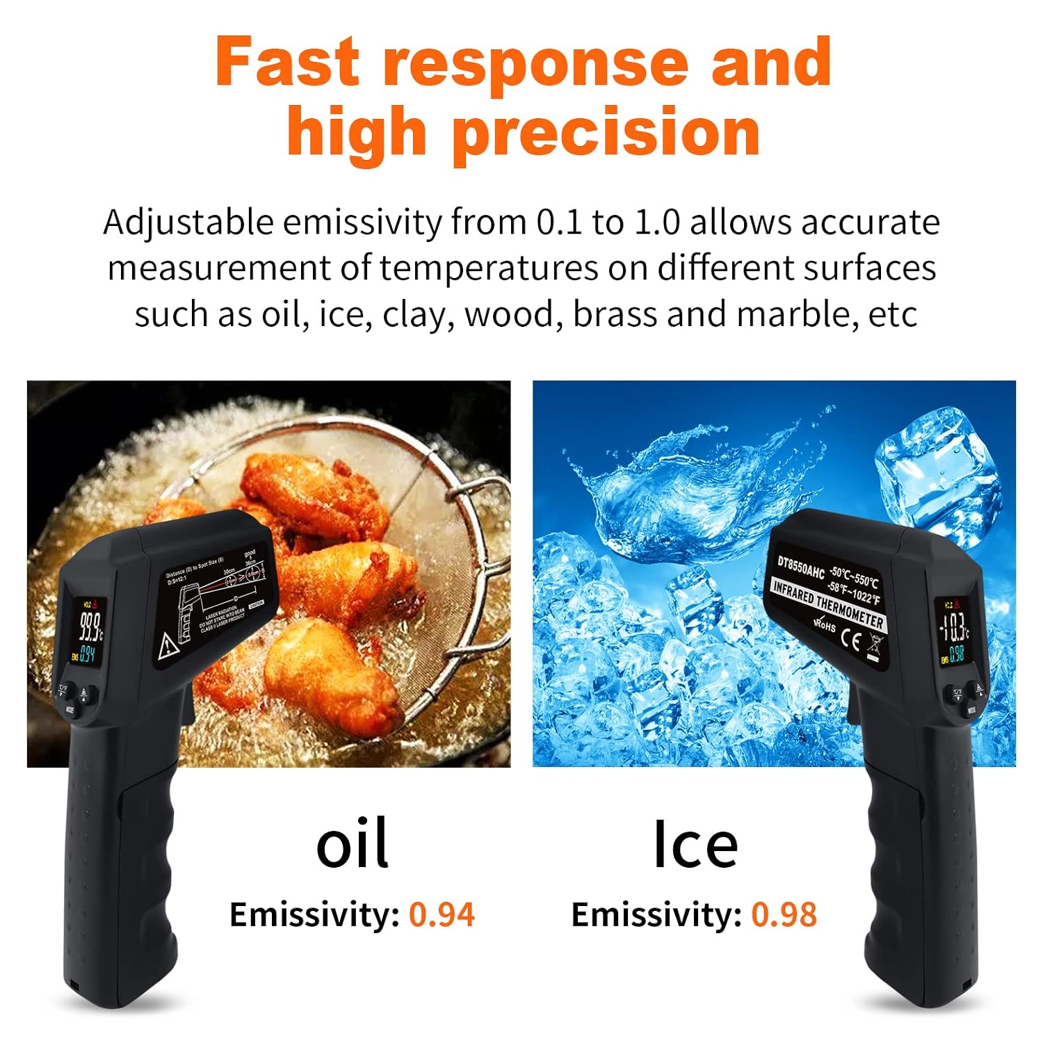 Detalle 2 de Ahosoutly Laser Infrared Temperature Gun Thermometer (Cal Function, Adjustable Emissivity) -58°F to 1112°F