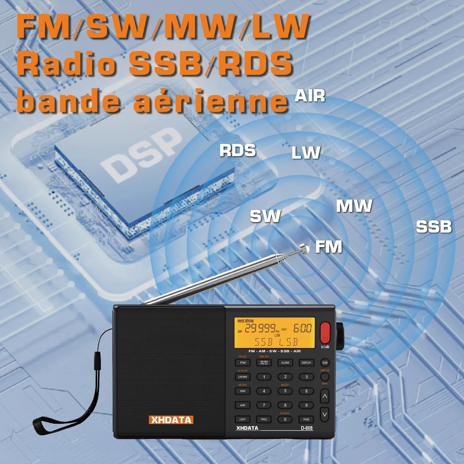 Detalle de XHDATA D-808 Ondes Courtes : Radio portable complète avec SSB, RDS et batterie rechargeable