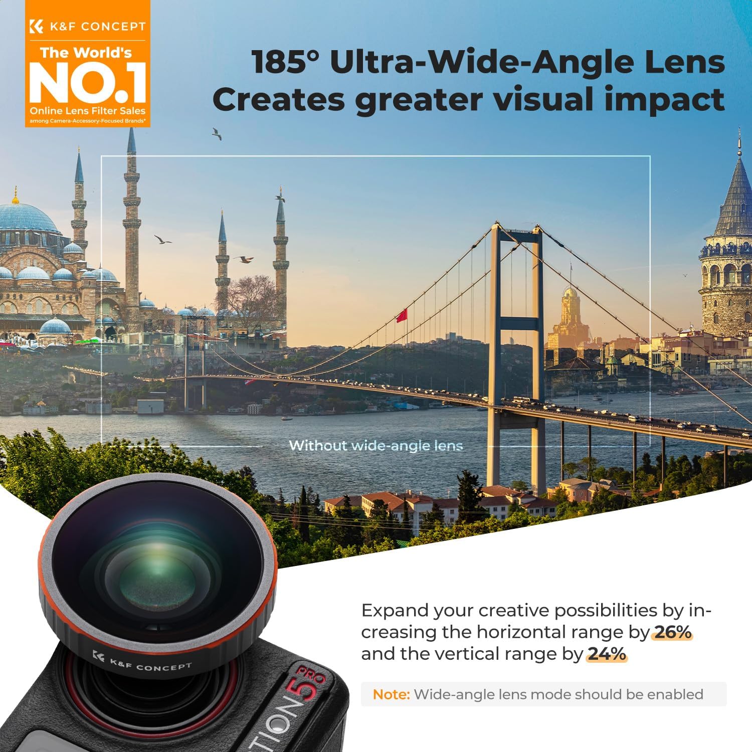 Thumbnail 1 de K&F CONCEPT wide-angle lens for DJI Osmo Action 5 Pro / Action 4 (180° ultra wide view)