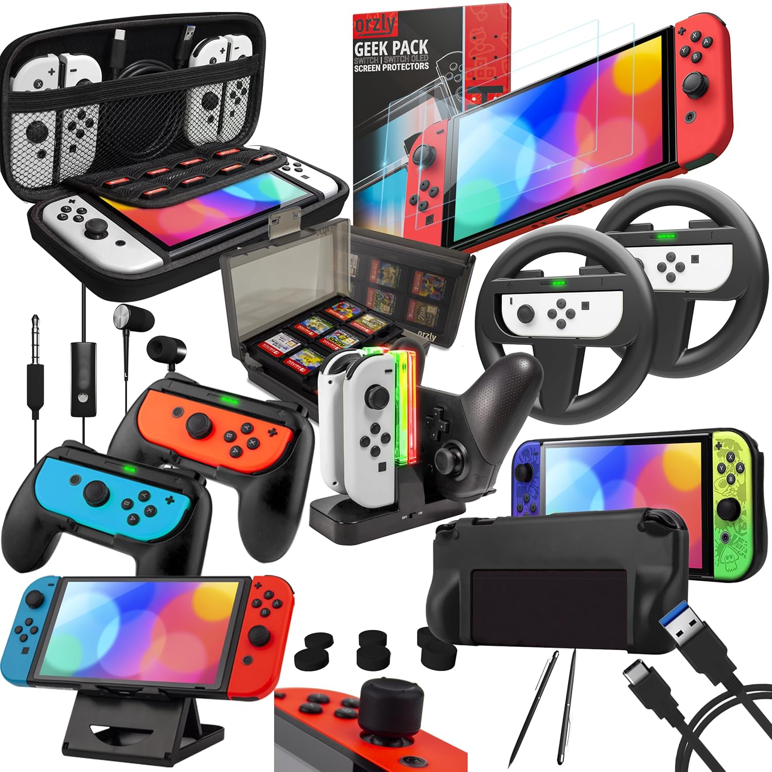 Detalle de Orzly Geek Pack Accessory Bundle Kit for Nintendo Switch (Jet Black) with Case, Screen Protectors, Joy-Con Grips, Wheels & Charge Station