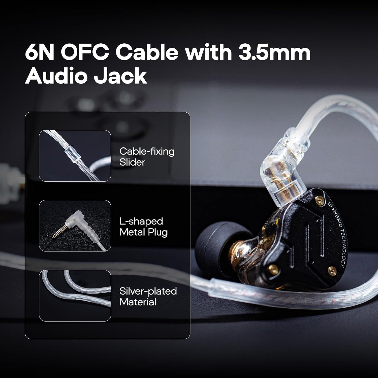 Detalle de Linsoul KZ ZS10 Pro – In-ear ibridi cablati 4BA+1DD con conchiglia in acciaio e cavo staccabile