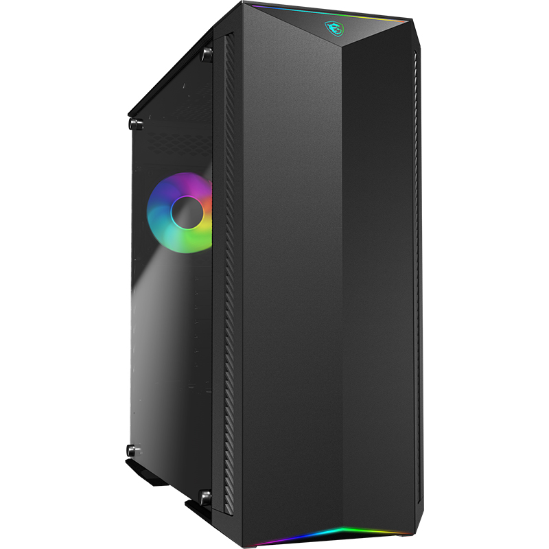 Detalle de MSI MPG Gungnir 100: chassis negro con cristal templado y ARGB