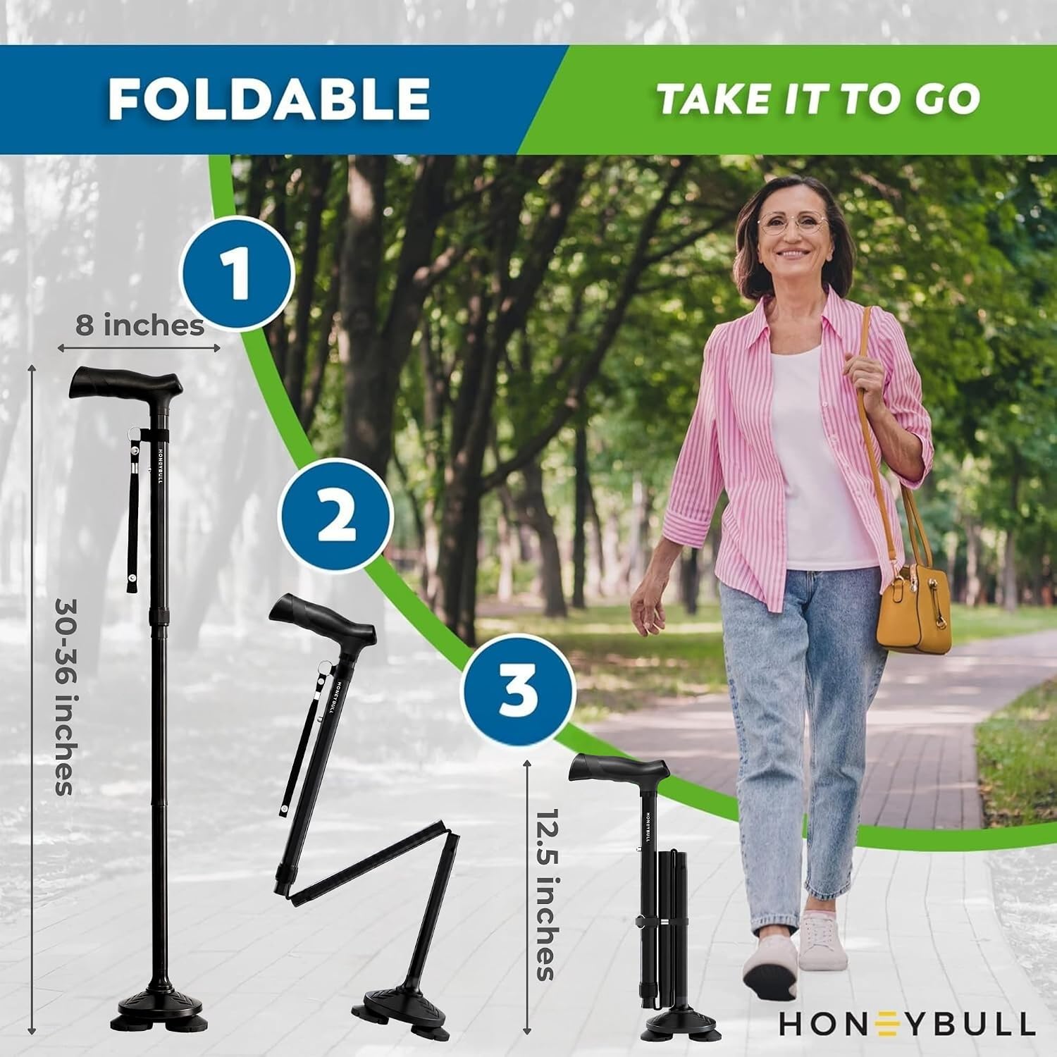 Thumbnail 5 de HONEYBULL Folding Walking Cane: All-Terrain, Adjustable & Heavy-Duty for Seniors and Adults