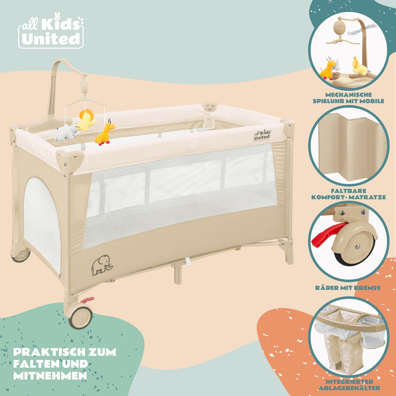 Thumbnail 4 de all Kids United® Baby Reisebett Babybett (Beige) mit Matratze, Wickelauflage, Musikspiel und Mobile