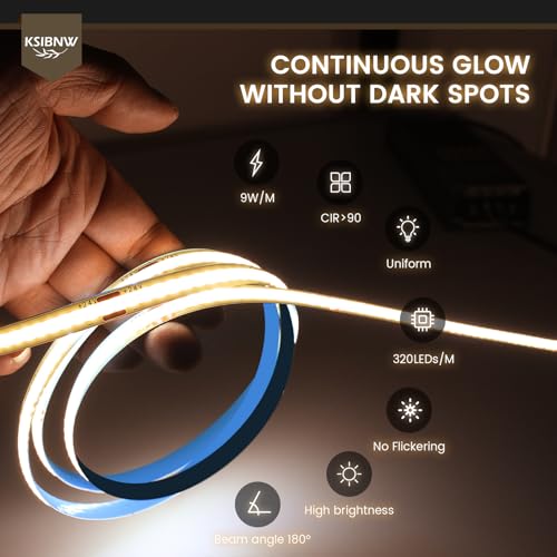 Detalle 2 de KSIBNW Striscia LED COB 12V 10M (5m x 2) – 320 LED/m, Bianco Naturale 4000K, 8mm, Adesiva, Flessibile