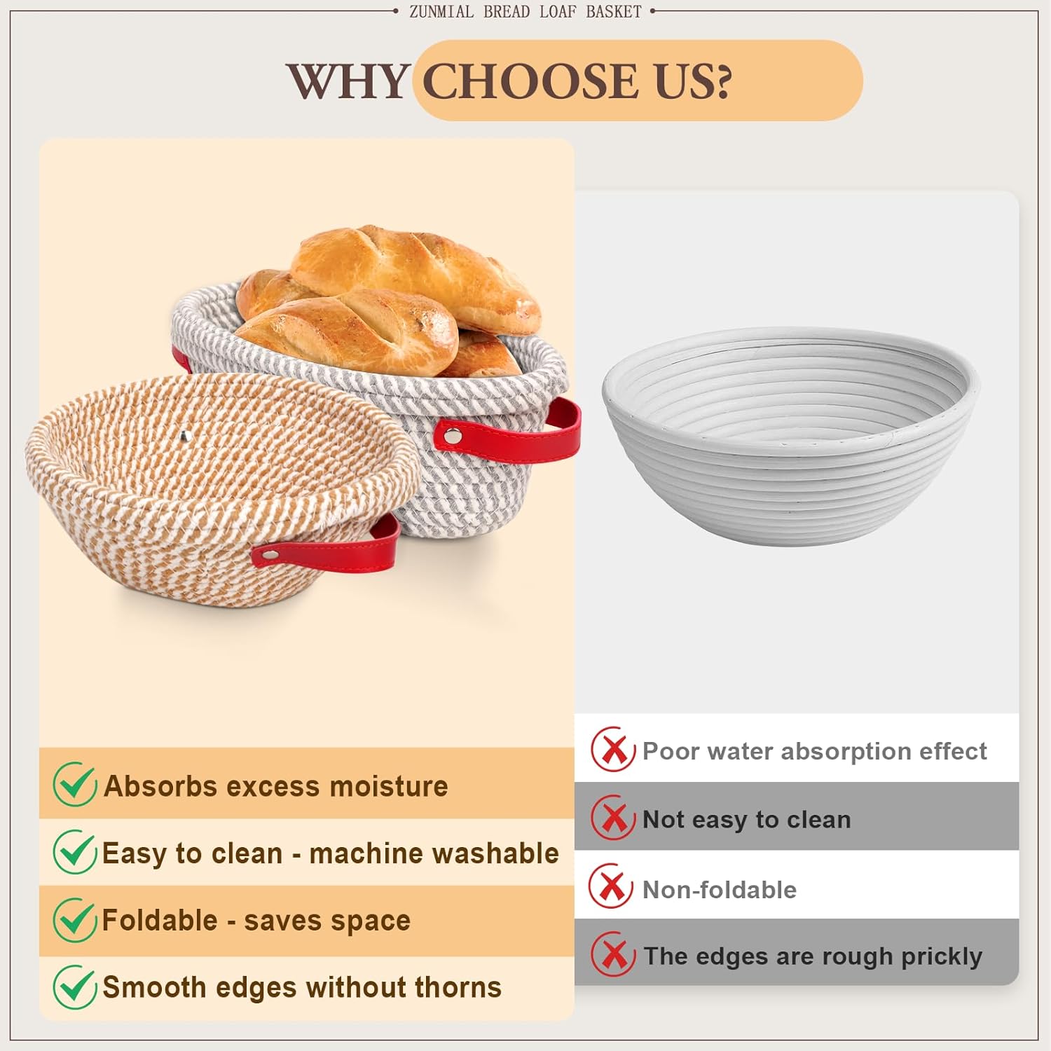 Thumbnail 5 de Zunmial banneton proofing baskets (10 inch oval + 9 inch round) with liner & cover