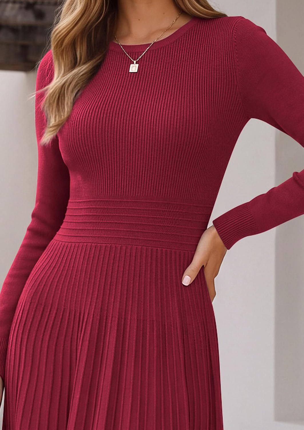 Detalle de PRETTYGARDEN Women's Long-Sleeve Knit Sweater Dress, Pleated A-Line