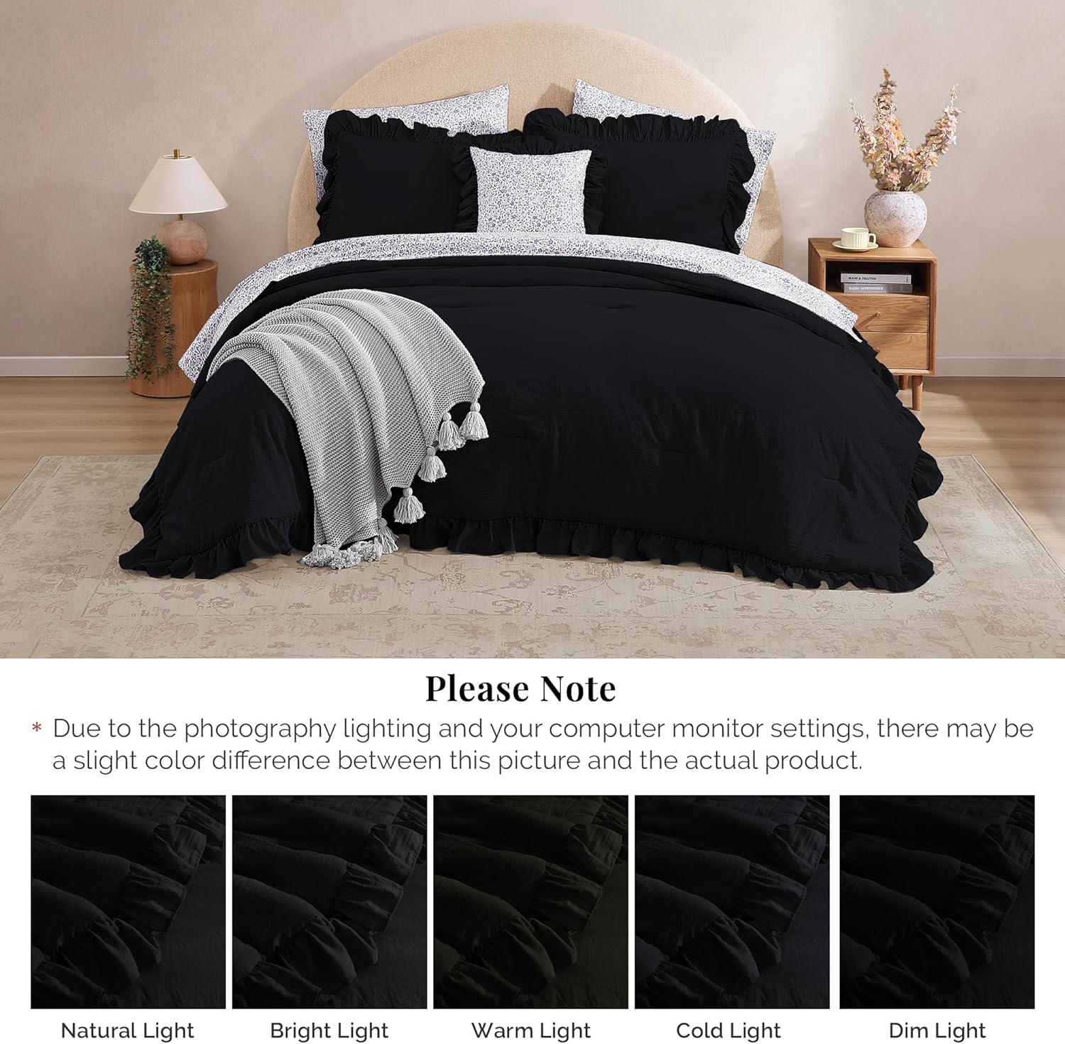 Thumbnail 5 de BLOOMHAVEN Queen Comforter Set - 7 Pieces with Ruffle Edge, Floral Black Bedding