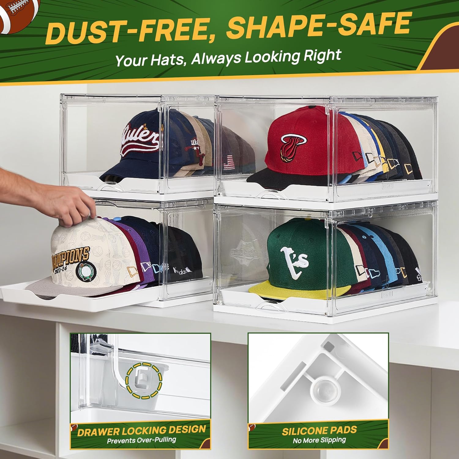 Detalle de Vtopmart 2 Pack Hat Organizer: Clear, Stackable Storage for 24 Hats with Sliding Tray