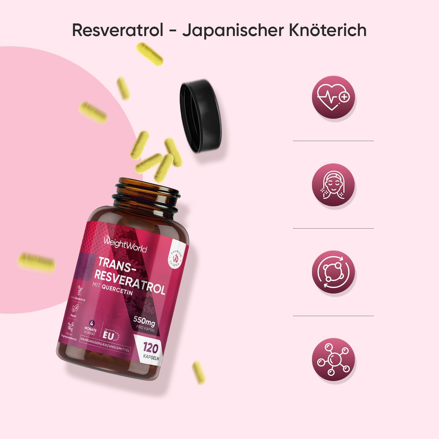 Thumbnail 6 de WeightWorld Trans-Resveratrol mit Quercetin 550 mg (98% japanischer Knöterich) – 120 vegane Kapseln
