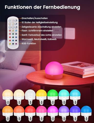 Detalle 2 de Aufladbare Glühbirne von TailcasLED mit Fernbedienung – 15 farbige, dimmbare RGB-Glühbirne