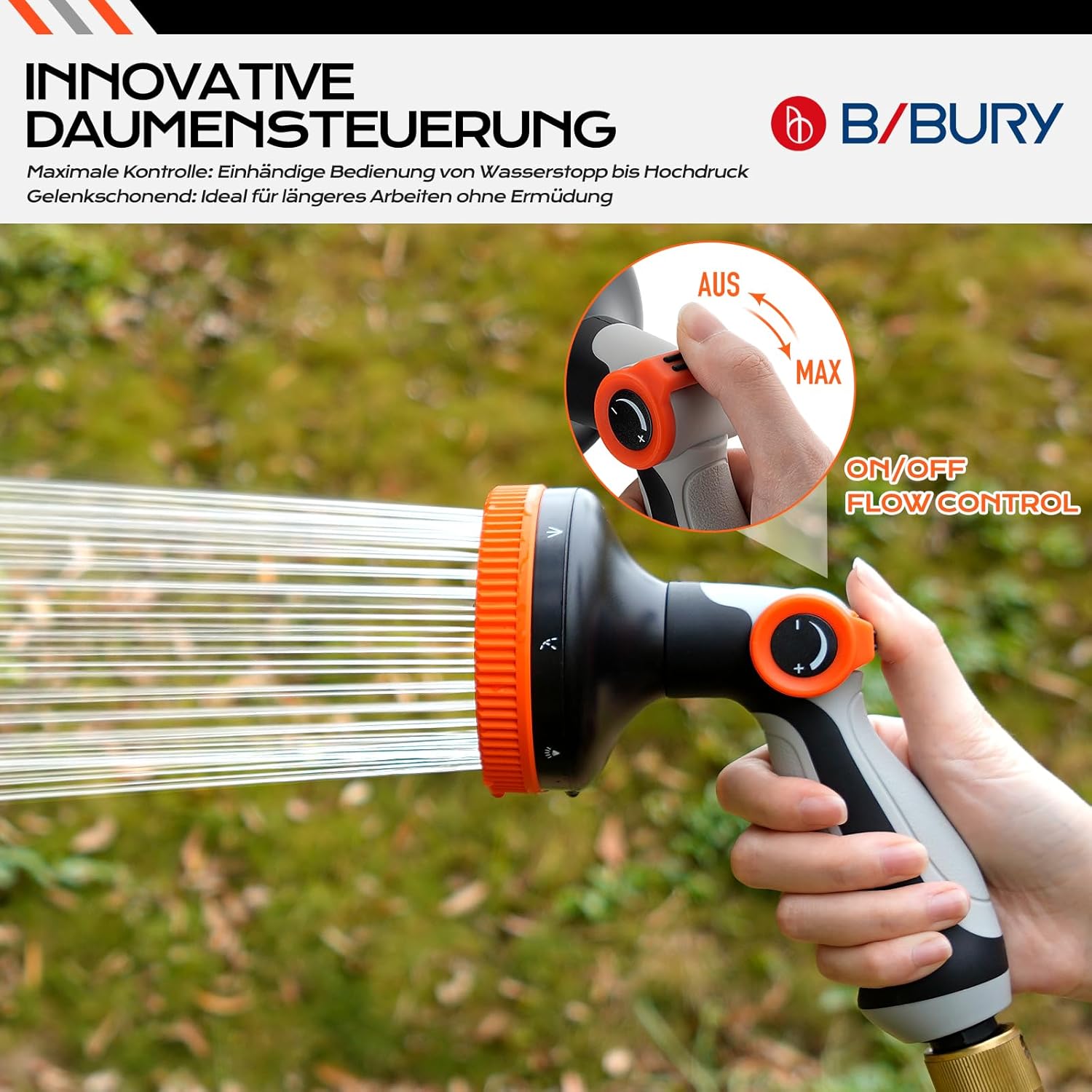 Thumbnail 1 de BIBURY Gartenbrause 9cm XL – Vielseitige Hochdruck-Spritzpistole mit 8 Modi, Daumensteuerung und 360° Drehkopf