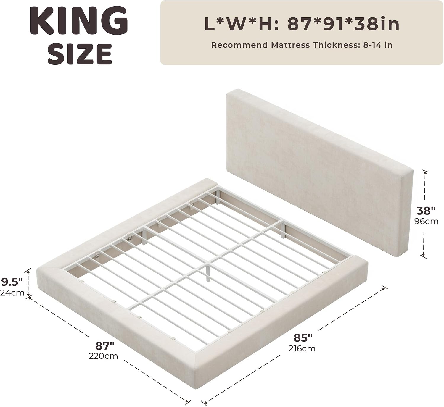 Detalle 2 de RECCI CWC-001 AirFrame King Upholstered Bed Frame with Chenille Headboard