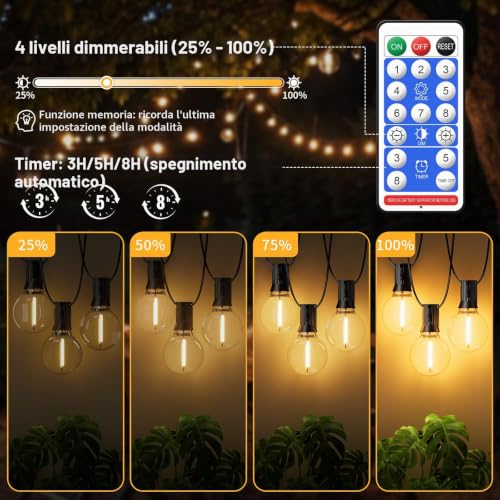 Detalle 1 de Hoteril Catena Luminosa Esterno Solare 15m 19+2 G40 IRIP 2200K – LED da Giardino con 8 Modalità, IP65 e USB Ricaricabile