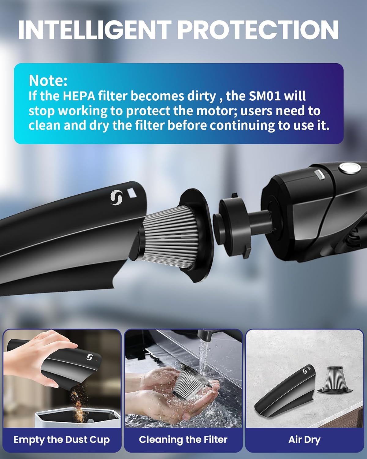Detalle de SERVOMASTER SM01 Aspirador de mano recargable sin cable con filtro HEPA para coche y hogar