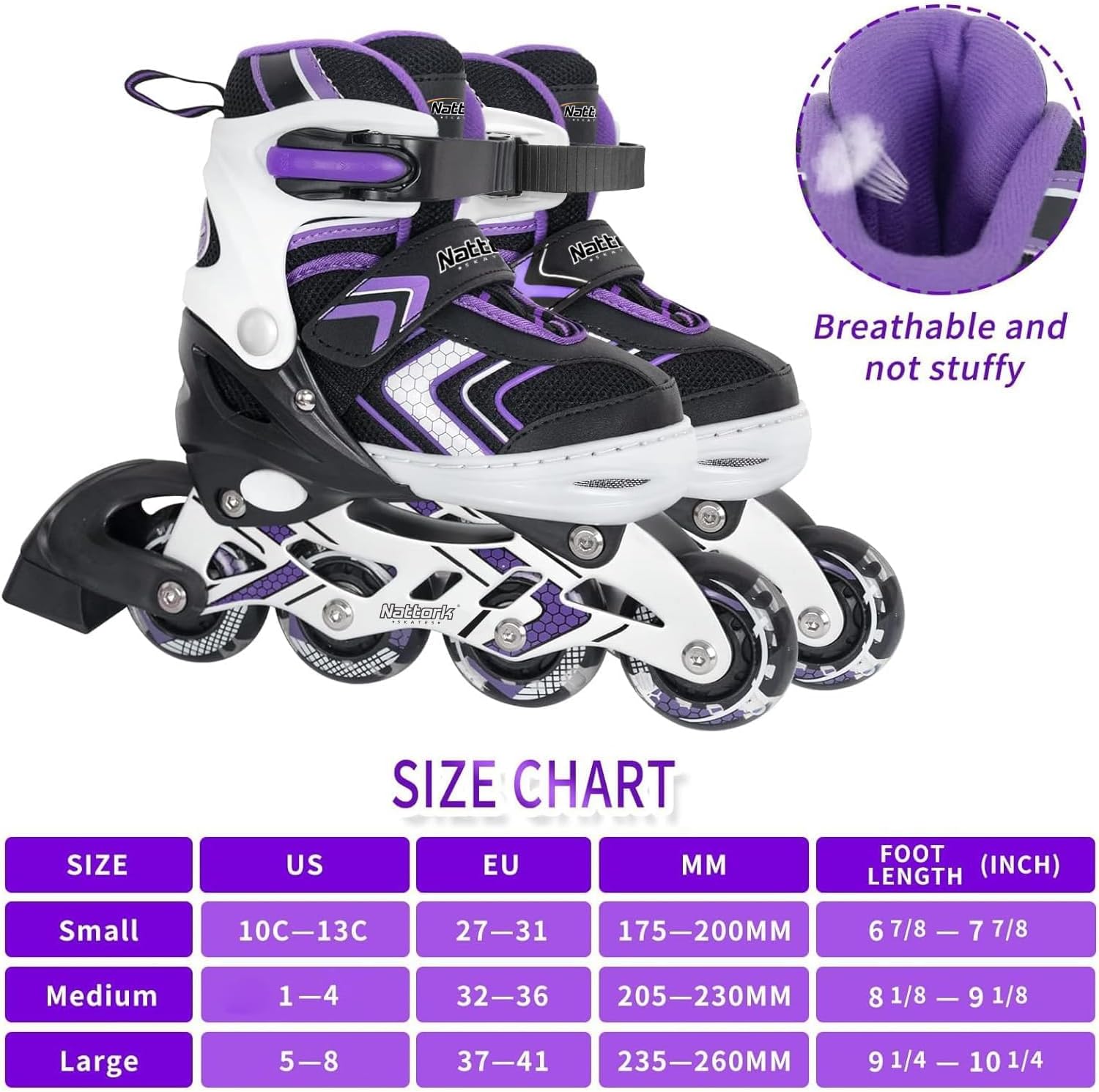 Detalle de Nattork Adjustable Inline Skates with Full Light-Up Wheels for Kids (Purple/Pink/Blue/Black)
