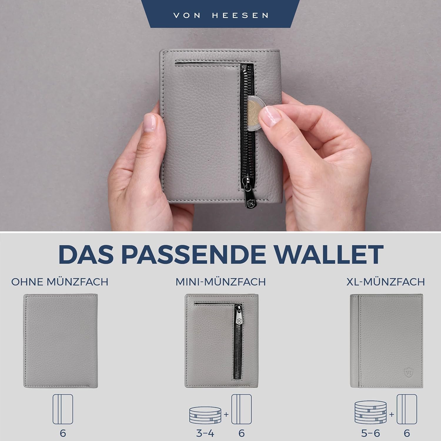 Detalle 2 de VON HEESEN Herren-Leder-Geldbörse mit Münzfach und RFID-Schutz (Grau)