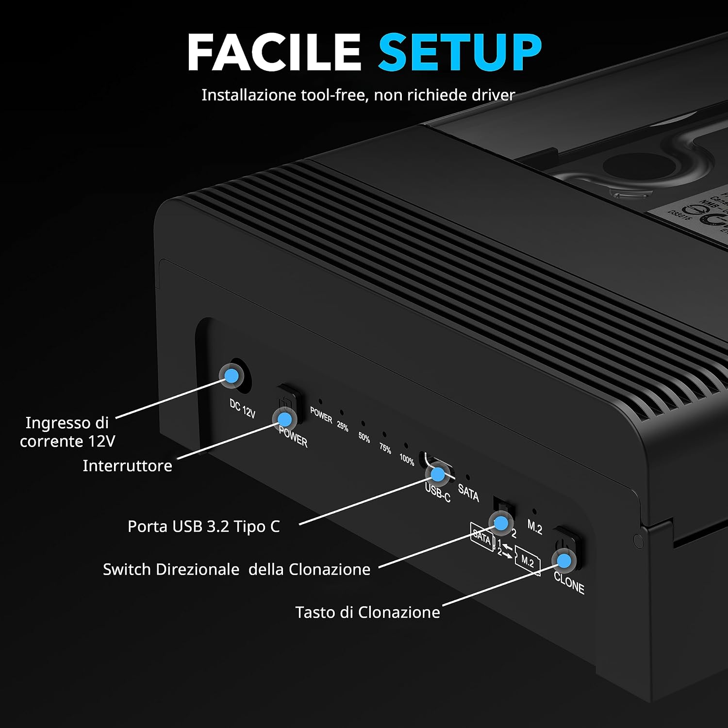 Detalle de SABRENT DS-UFNC docking station USB-C per SSD M.2 NVMe e HDD/SSD SATA 2,5"/3,5" con clonazione offline
