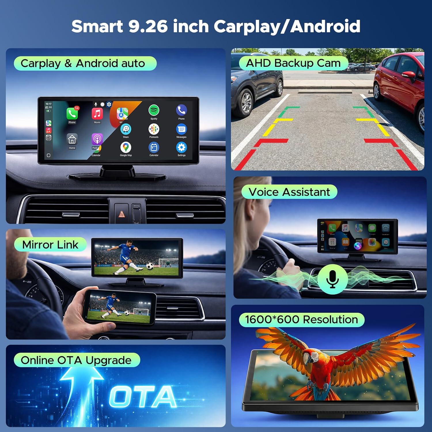 Thumbnail 1 de LAMTTO 9.26" Wireless CarPlay Screen: CarPlay, Android Auto, 1600x600 IPS Display