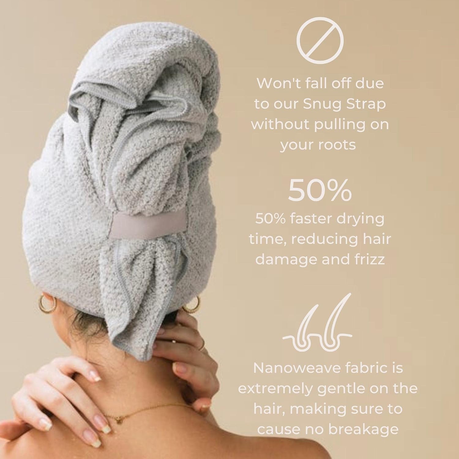 Thumbnail 3 de VOLO Hero Hair Towel – Ultra Soft Nanoweave Microfiber, Large Tubular Wrap (Luna Gray)