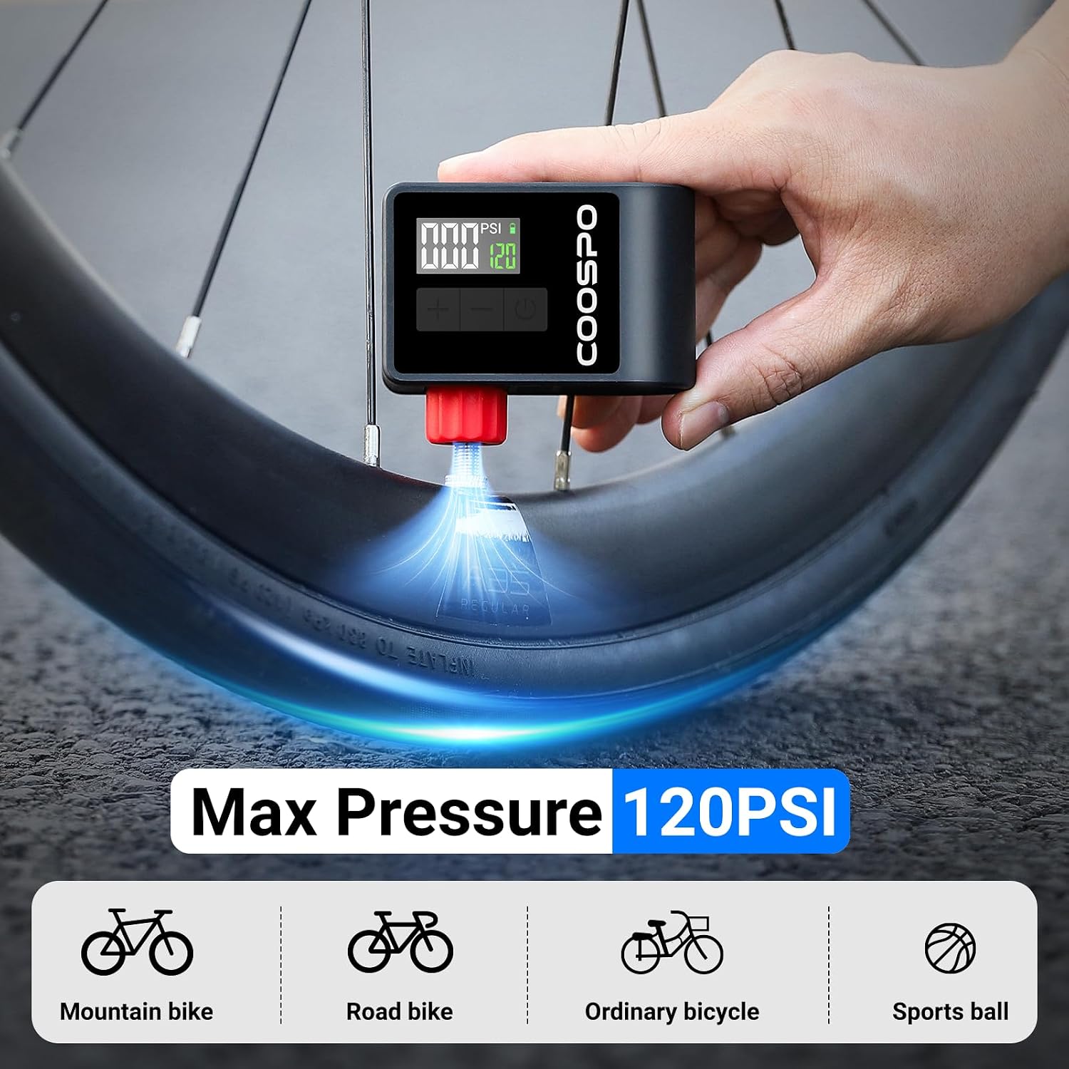 Detalle 2 de CooSpo Mini Pompa Elettrica per Bicicletta — 120 PSI, Portatile con spegnimento automatico e valvole Presta/Schrader