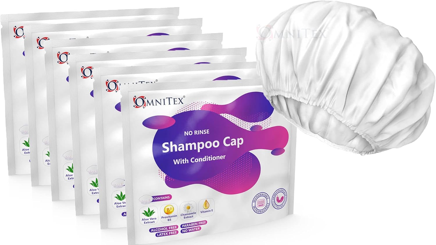 Detalle de Omnitex Premium Rinse Free Shampoo Cap (with Conditioner & Vitamins) – Microwaveable, 6pk