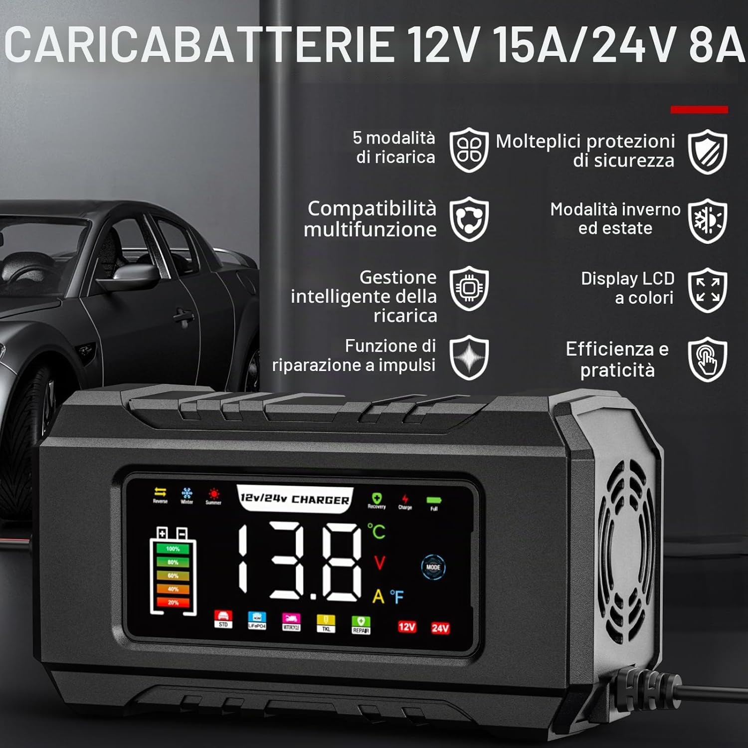 Detalle 2 de Caricabatterie Husgw 12V/24V 15A-8A con display a colori: ricarica sicura per auto, moto, camion e barche