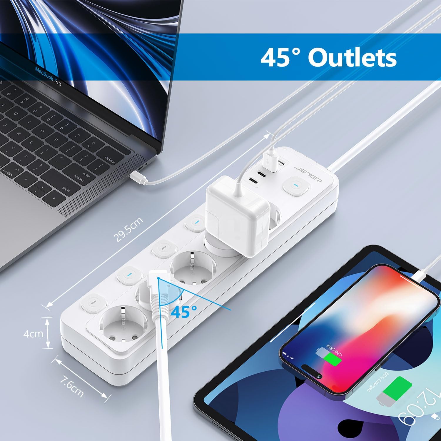 Thumbnail 4 de JSVER Ciabatta Elettrica a 5 Prese: 2 USB-C, 2 USB-A e 2 m di cavo per una ricarica intelligente