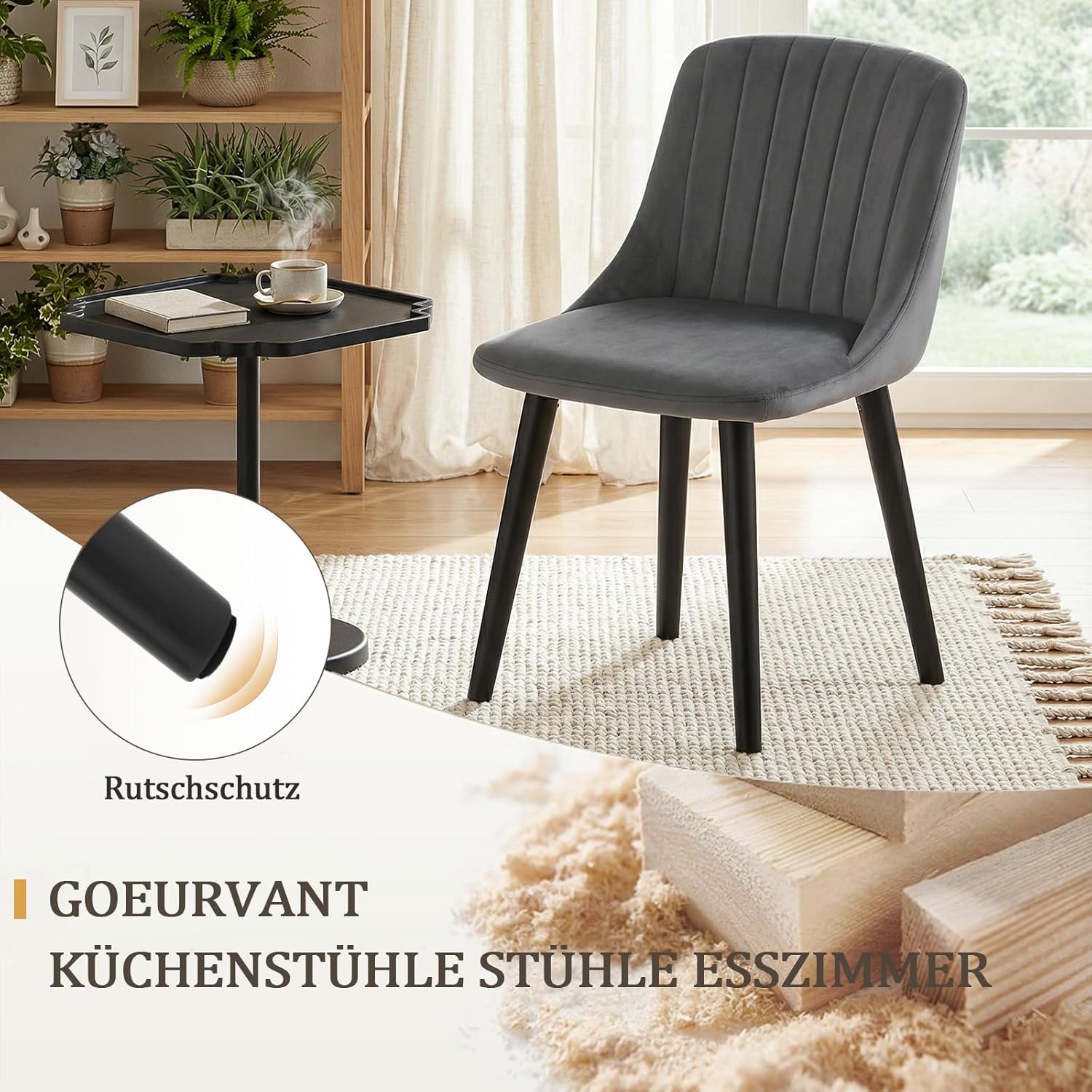 Detalle de Lot de 6 chaises de salle à manger Goeurvant gris foncé en velours et pieds en bois
