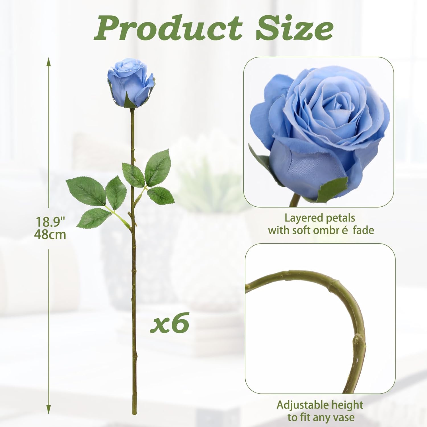 Thumbnail 1 de Oairse Blue Roses Artificial Flowers – 6-Pack, 18.9" Long Stems