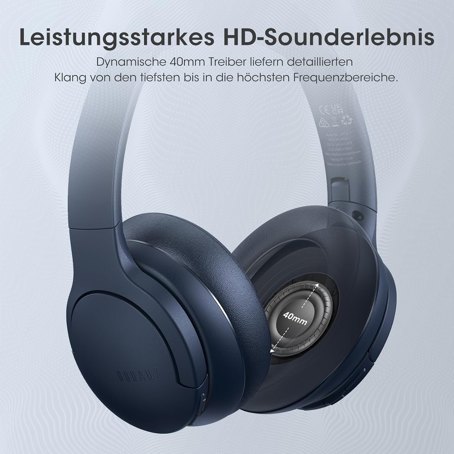 Detalle de DOQAUS Kopfhörer Kabellos Bluetooth Over‑Ear – Bis zu 90 Stunden Laufzeit, 3 EQ‑Modi, BT 5.3, Marineblau