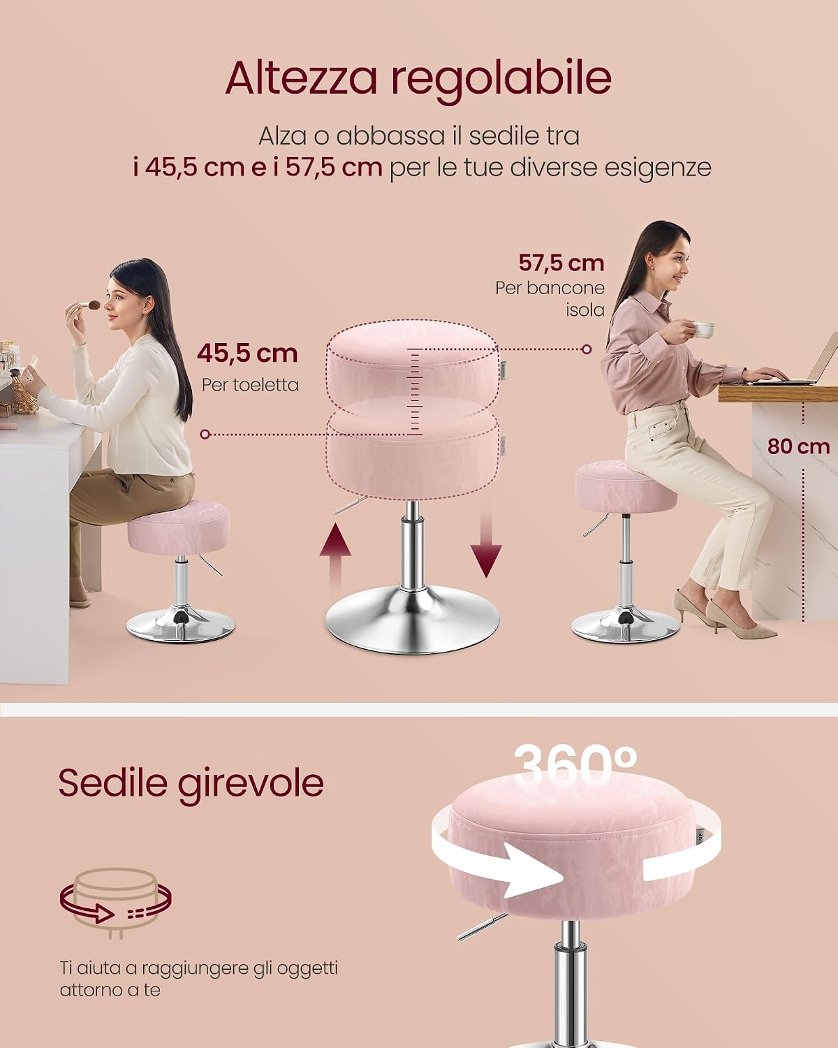 Detalle 2 de VASAGLE Sgabello da Trucco LJB120S01: Sedia per Toeletta Regolabile e Girevole in PU Rosa Pastello