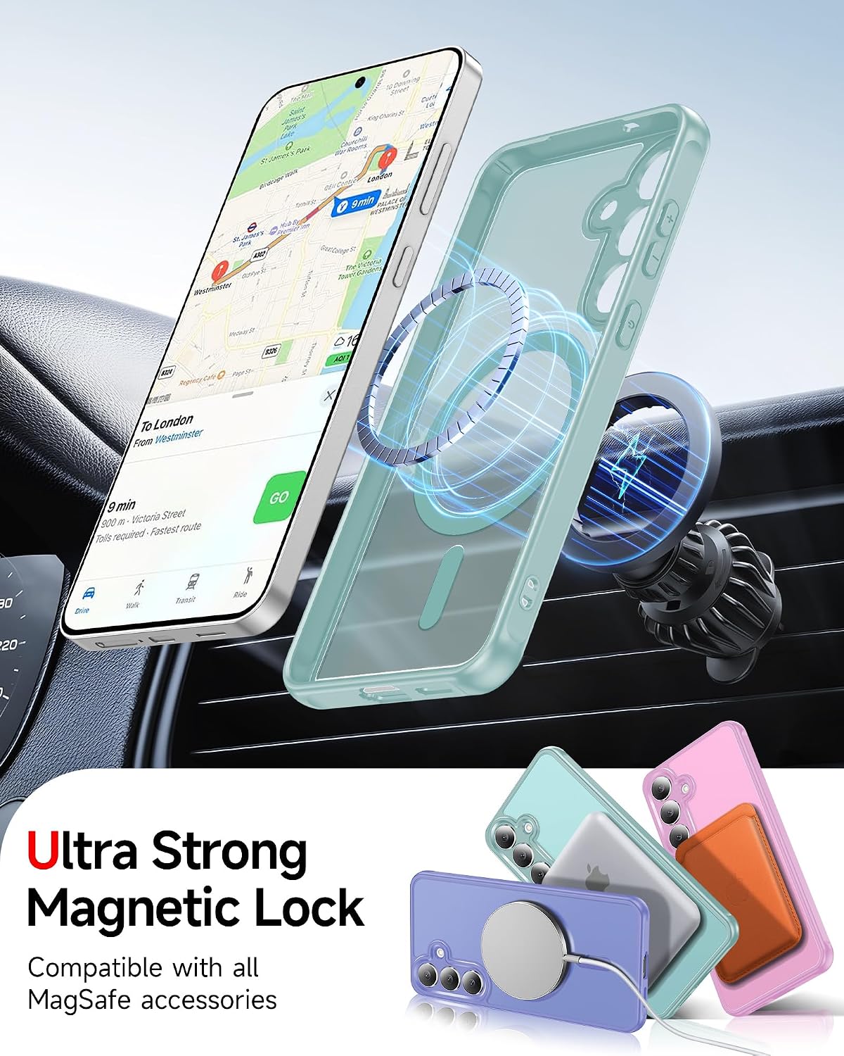 Detalle de LeYi for Samsung Galaxy S25 FE phone case with magnetic grip & 2 tempered glass screen protectors (mint green)