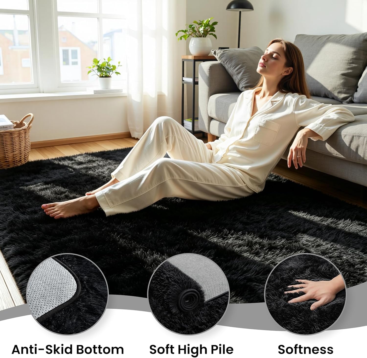 Detalle de 8x10 Ultra-Soft Black Fluffy Area Rug for Living Room