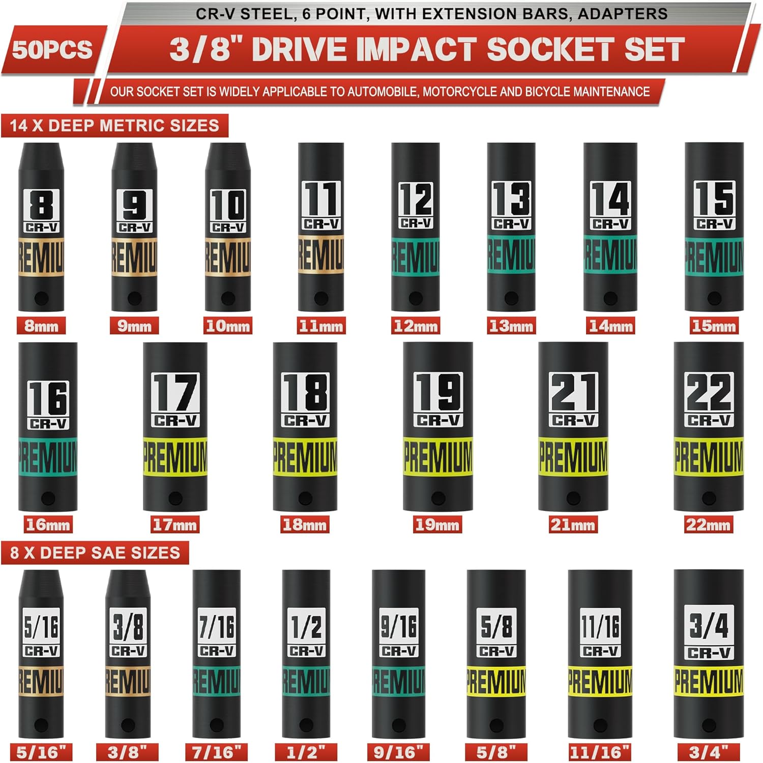 Thumbnail 2 de KIRXST 3/8" Drive Impact Socket Set, 50-Piece (SAE 5/16–3/4, Metric 8–22mm) with Extensions, Adapters, and 6-Point Cr-V