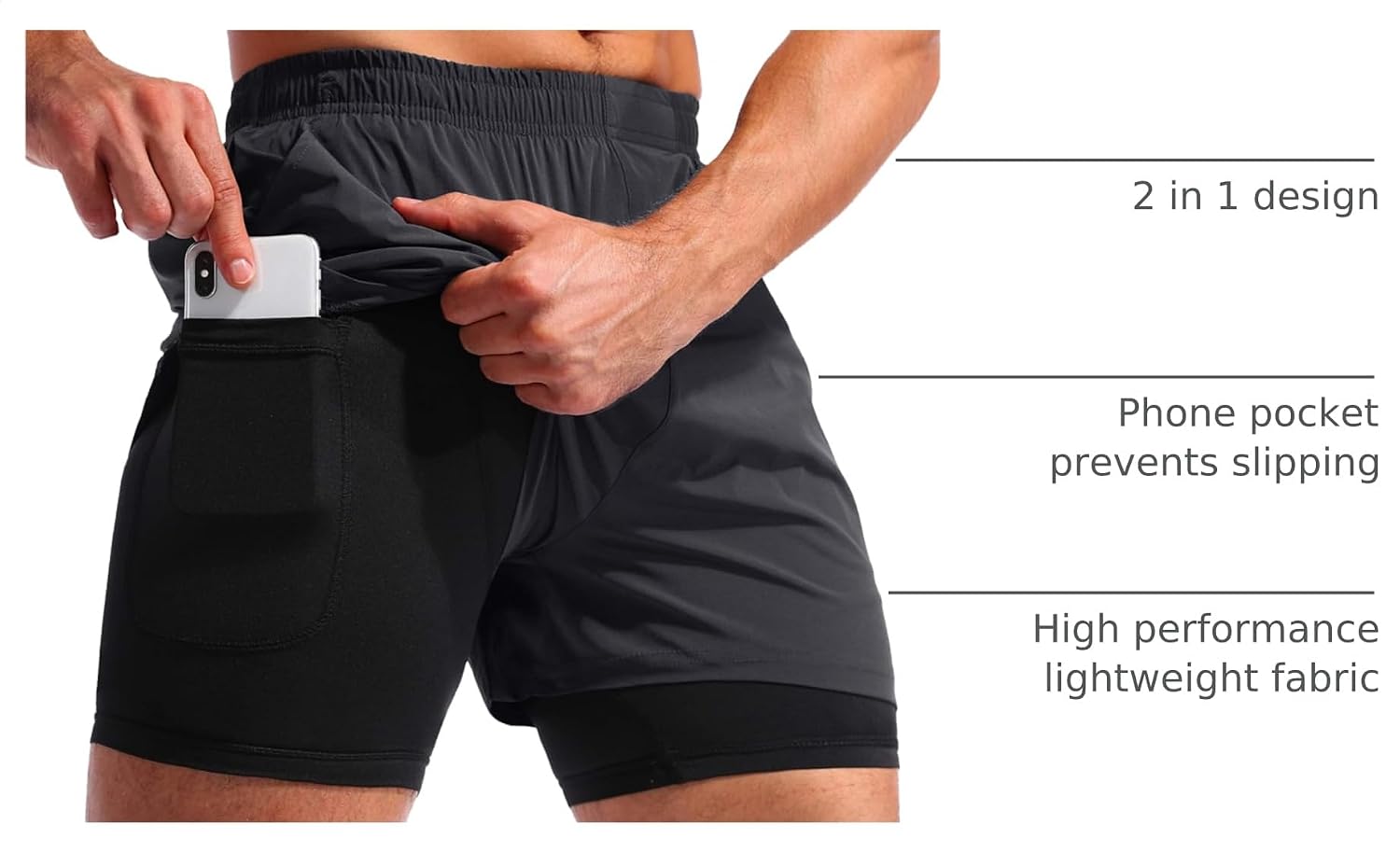 Detalle de Pudolla Men’s 2 in 1 Running Shorts 5" Quick Dry with Phone Pockets
