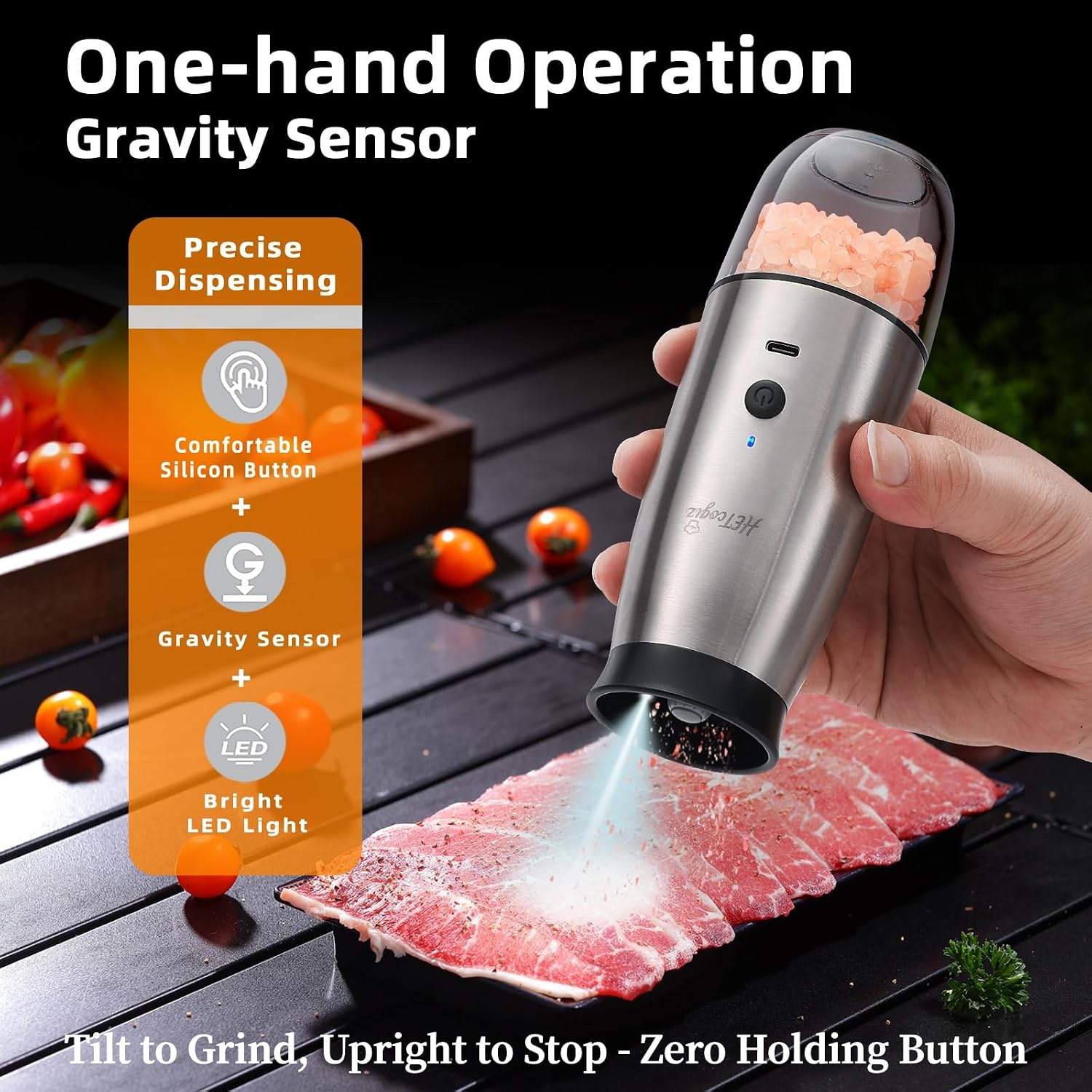 Detalle de Electric Salt and Pepper Grinder Set (2 Pack) with Safe Storage Base, LED & Adjustable Coarseness