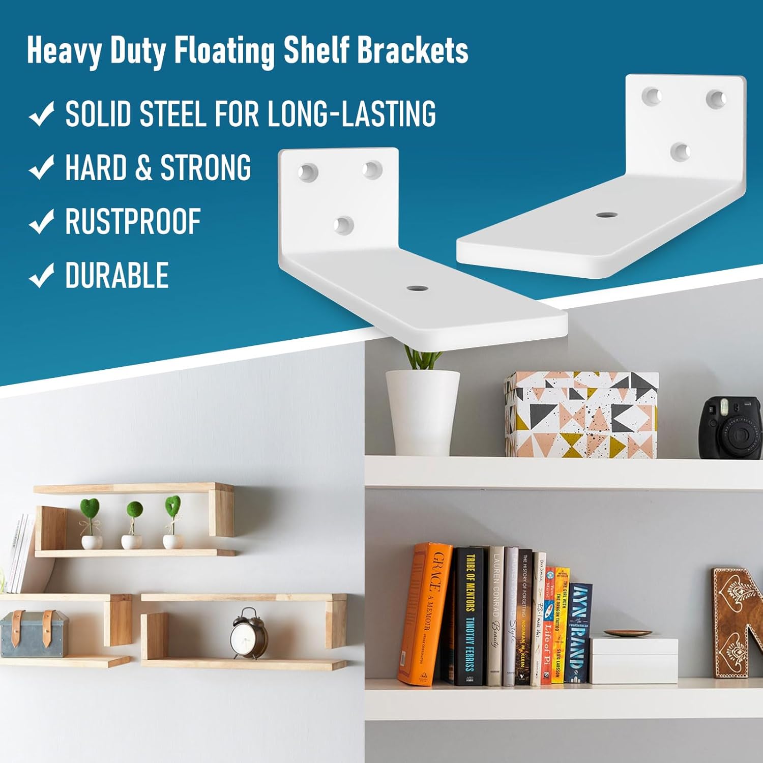 Thumbnail 2 de Heavy Duty Floating Shelf Brackets 4 inch (8 Pack) – Solid Steel L-Shaped Wall Supports, White