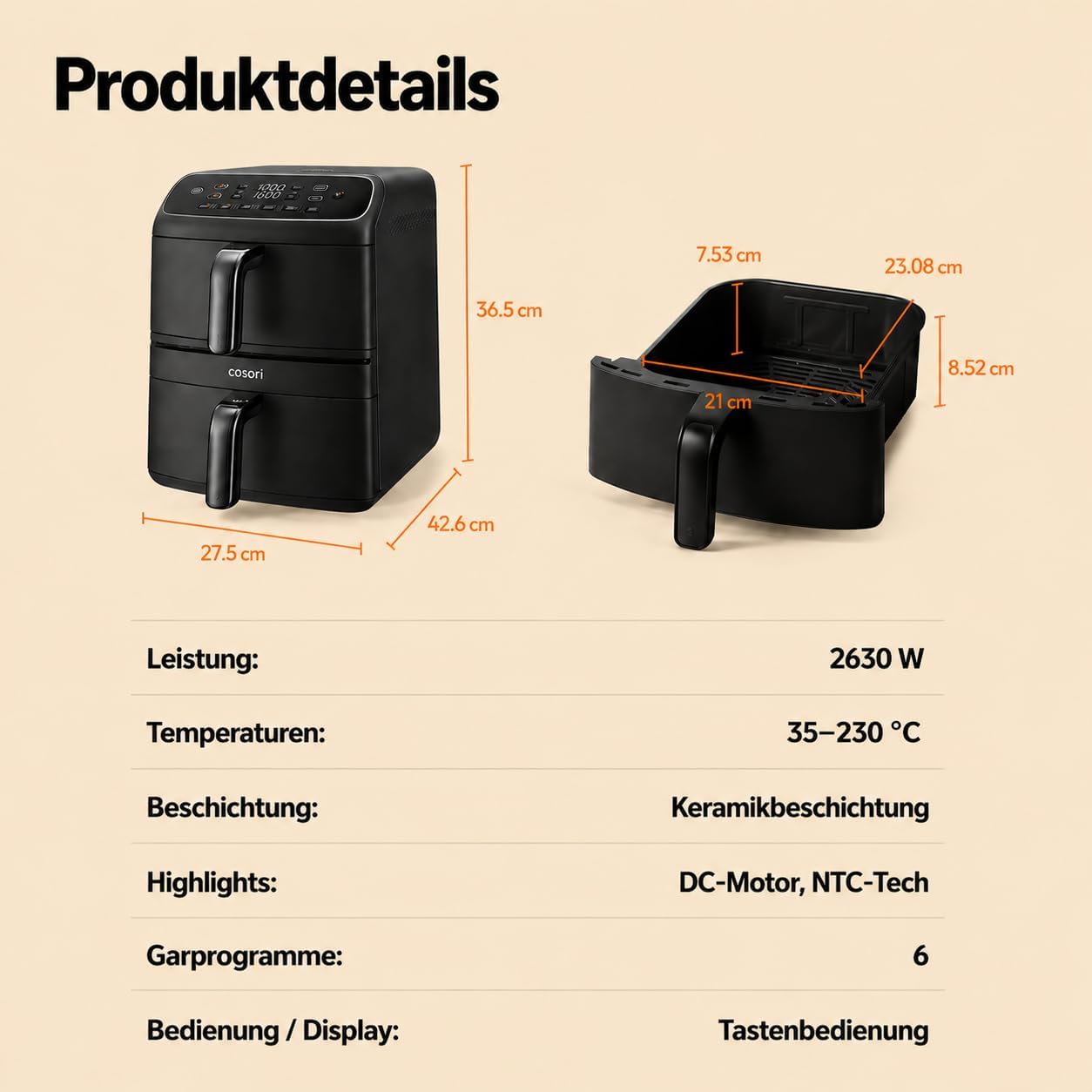 Detalle de COSORI Airfryer Turbo Tower Compact (DC861) – Heißluftfritteuse mit 2 Kammern und Keramikbeschichtung