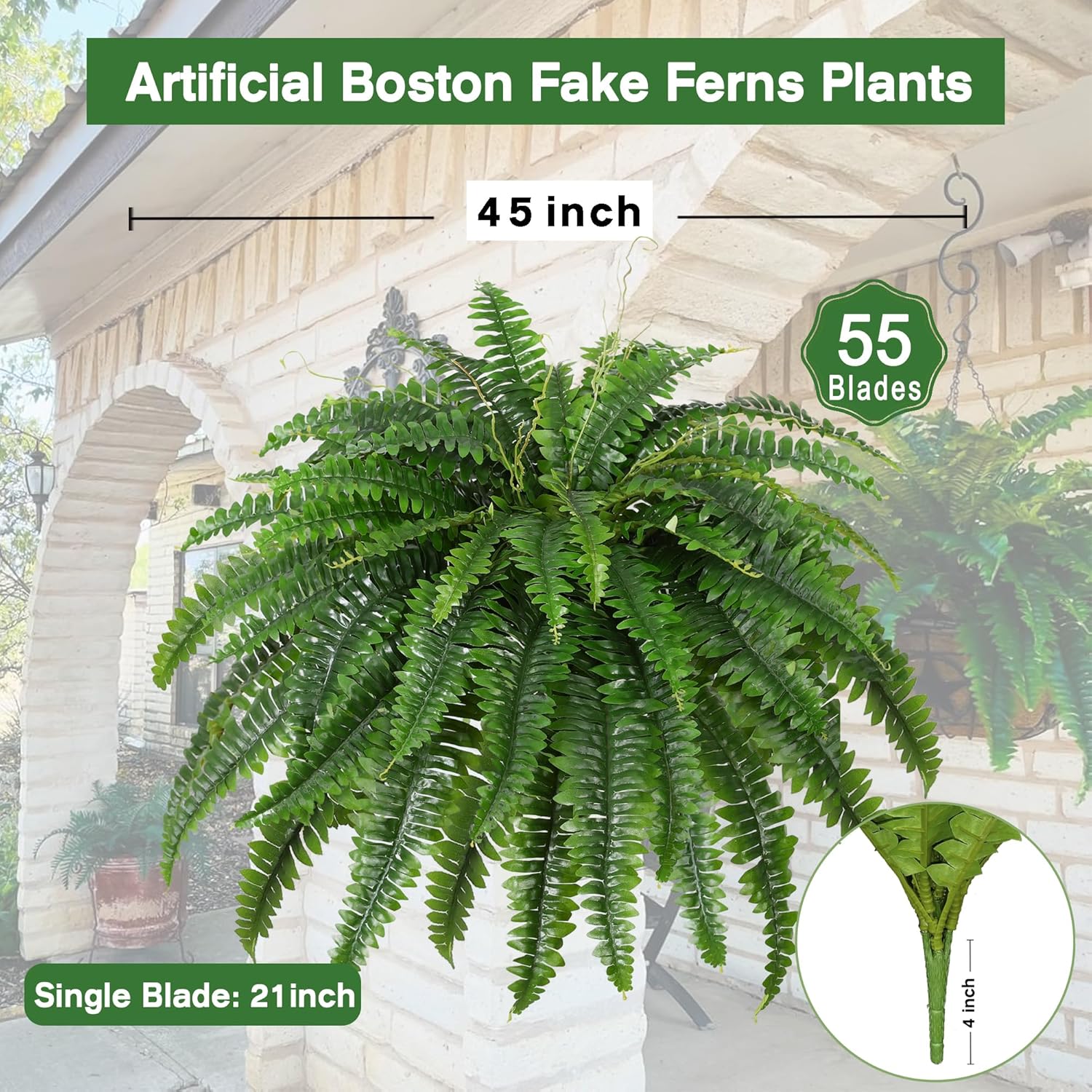 Detalle de Dkaltm Artificial Boston Fern Bush (Set of 2) — 45-Inch Large Outdoor Foliage, 55 Branches per Bouquet
