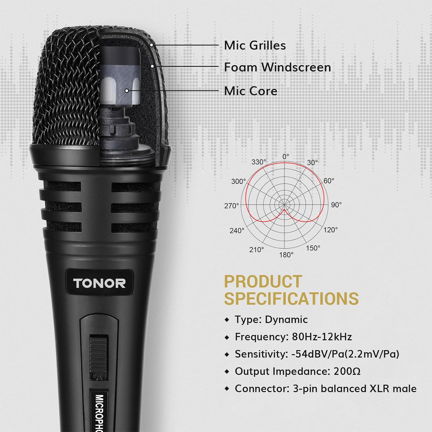 Detalle de TONOR K1 Dynamic Karaoke Microphone with 5 m XLR Cable and Stand