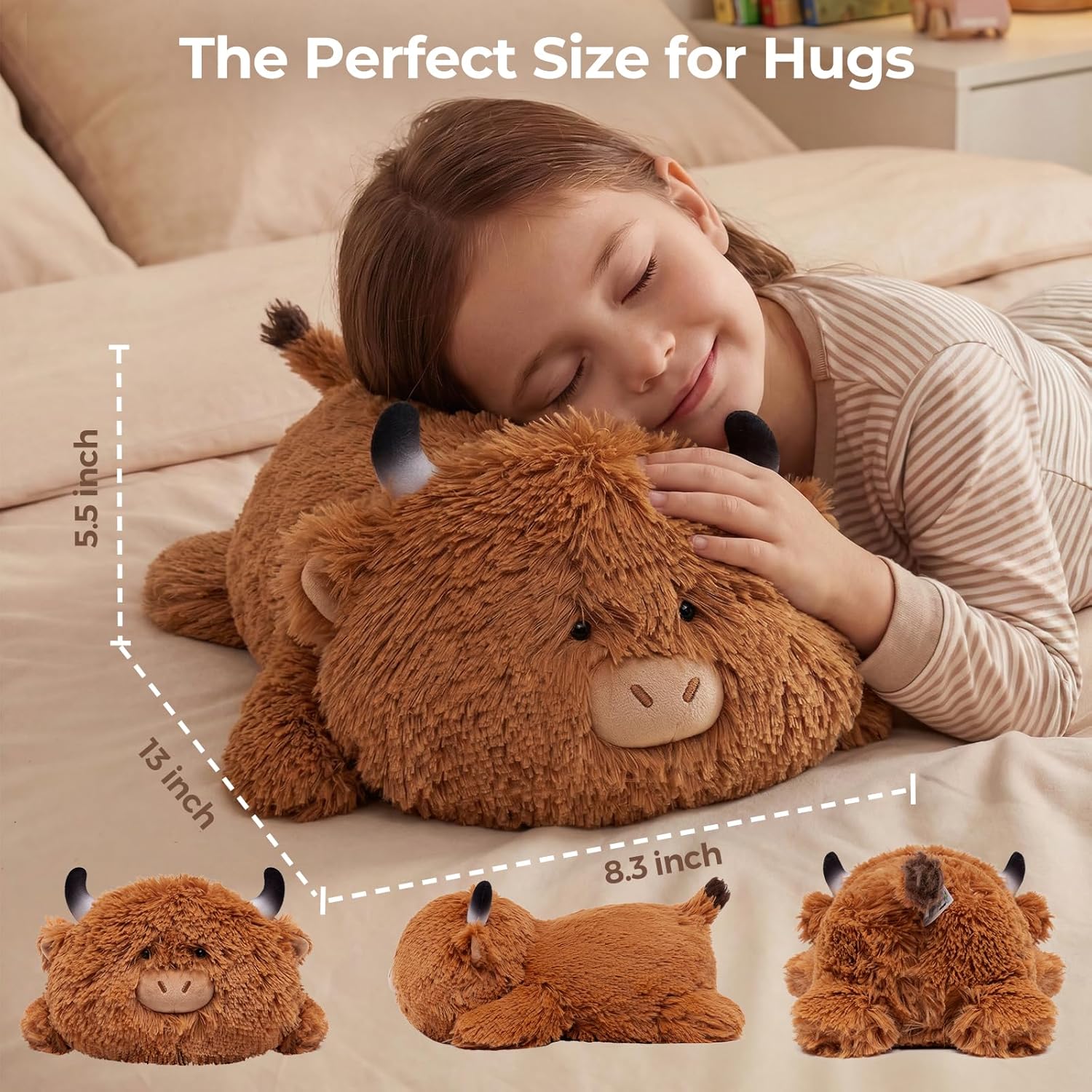 Detalle 2 de Mewaii Kuh Kuscheltier Plüschkissen – 33 cm, Hochlandrind Kinderspielzeug & Dekoration
