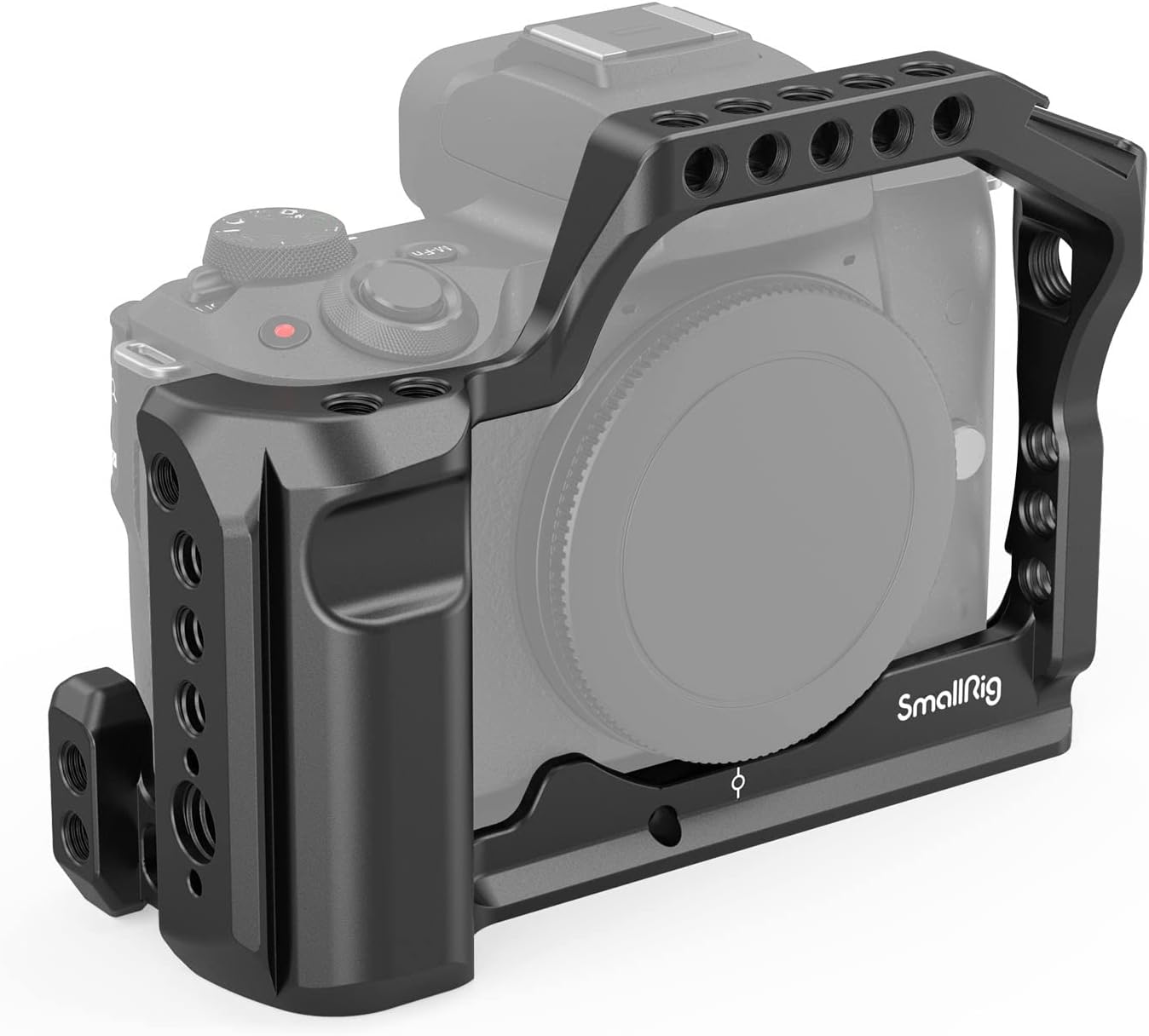 Detalle de SMALLRIG 2168 klatka do Canon EOS M50/M50 II i M5 z uchwytem, szyną NATO i płytką Arca