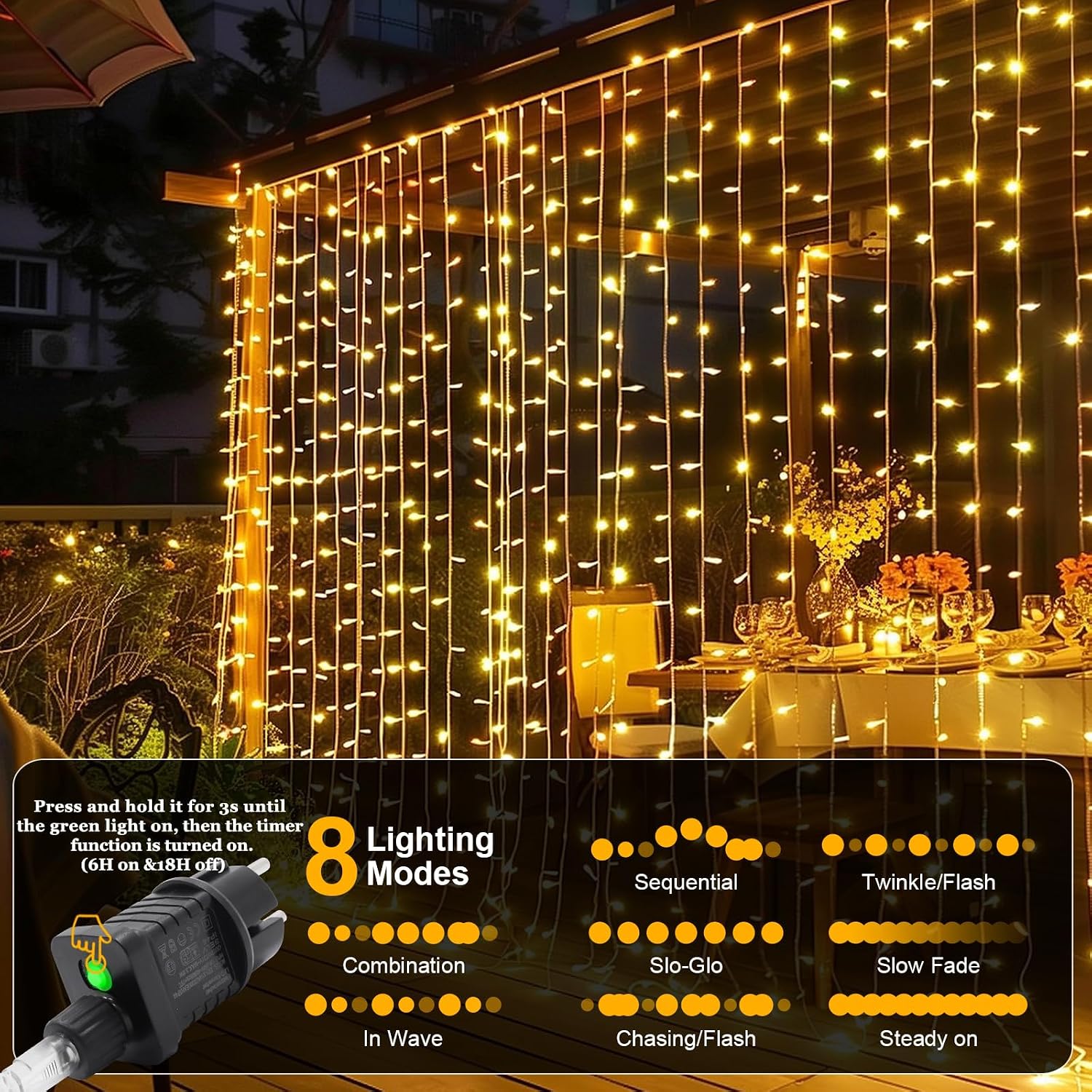 Detalle 2 de LED Lichtervorhang 3 x 2 m mit 200 LEDs