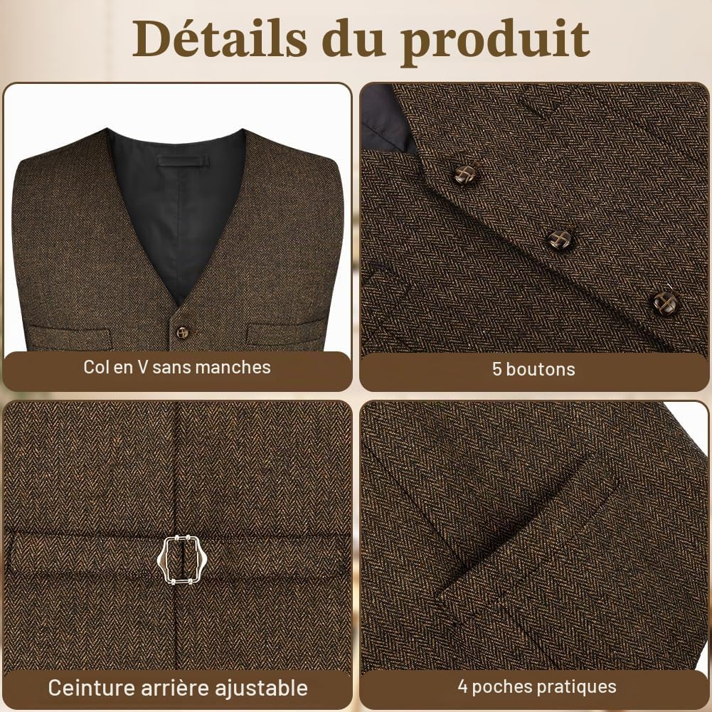 Detalle de AUYAO tweed herenvest met visgraatmotief, V-hals en knoopsluiting